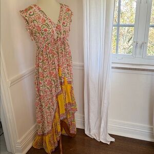 Asymmetrical Floral Dress with Pink and Yellow Accents